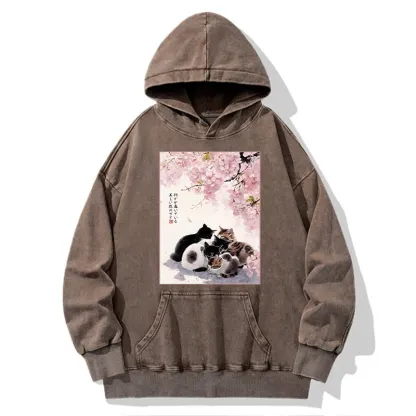Tokyo-Tiger Cute Cats Sakura Garden Washed Hoodie