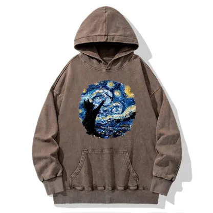 Tokyo-Tiger Starry Night Black Cat Washed Hoodie