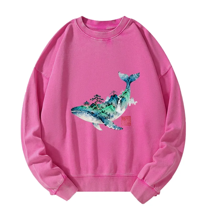 Tokyo-Tiger Whale Ink Painting Landscape Washed Sweatshirt