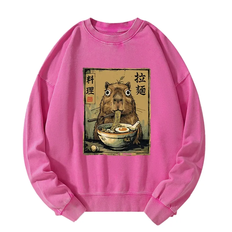 Tokyo-Tiger Cute Capybara Eating Ramen Washed Sweatshirt