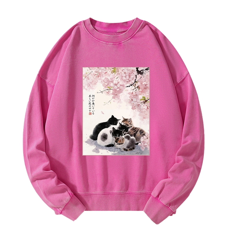 Tokyo-Tiger Cute Cats Sakura Garden Washed Sweatshirt