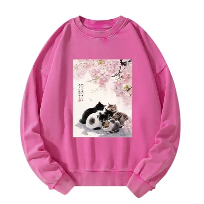 Tokyo-Tiger Cute Cats Sakura Garden Washed Sweatshirt