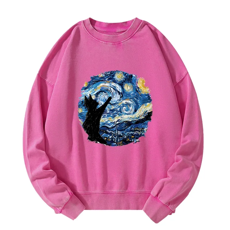 Tokyo-Tiger Starry Night Black Cat Washed Sweatshirt
