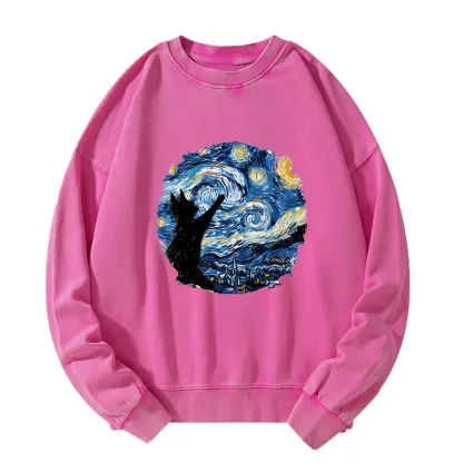 Tokyo-Tiger Starry Night Black Cat Washed Sweatshirt