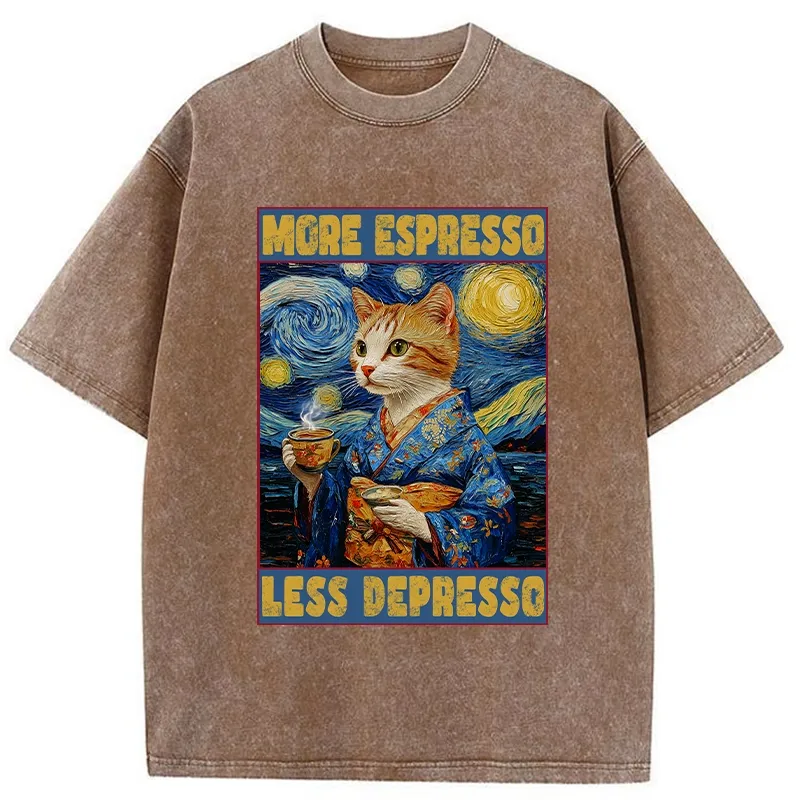 Tokyo-Tiger Funny More Espresso Less Depresso Washed T-Shirt