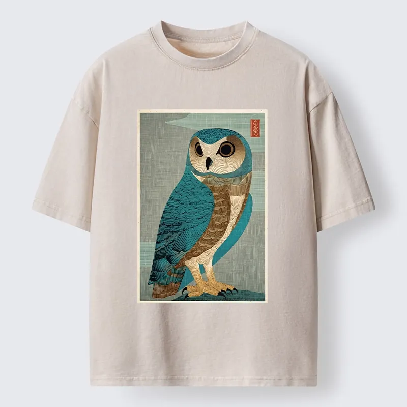 Tokyo-Tiger Vintage Owl Woodblock Art Washed T-Shirt