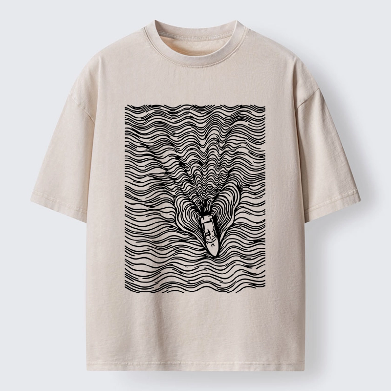 Tokyo-Tiger Line Art Boat On The Ocean Washed T-Shirt