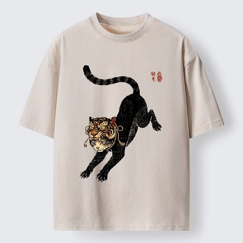 Tokyo-Tiger Cat With Tiger Mask Cool Art Washed T-Shirt