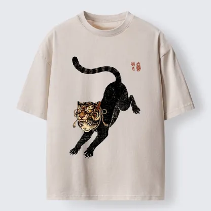 Tokyo-Tiger Cat With Tiger Mask Cool Art Washed T-Shirt