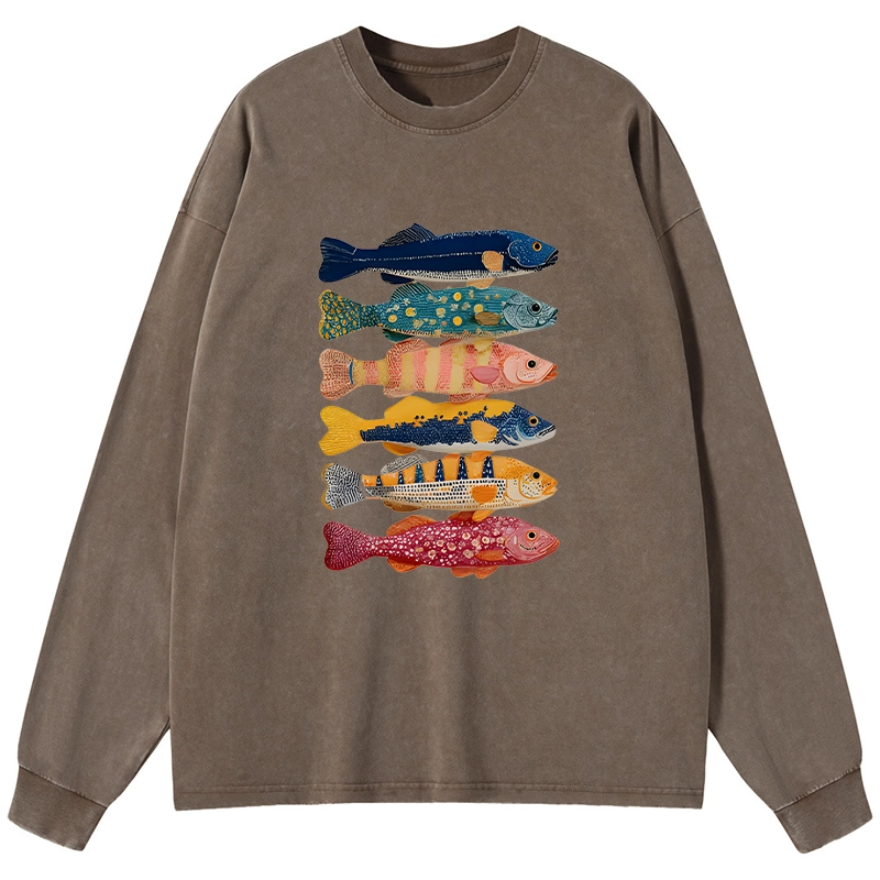 Tokyo-Tiger Colorful Fish Art Collection Washed Long Sleeve T-Shirt