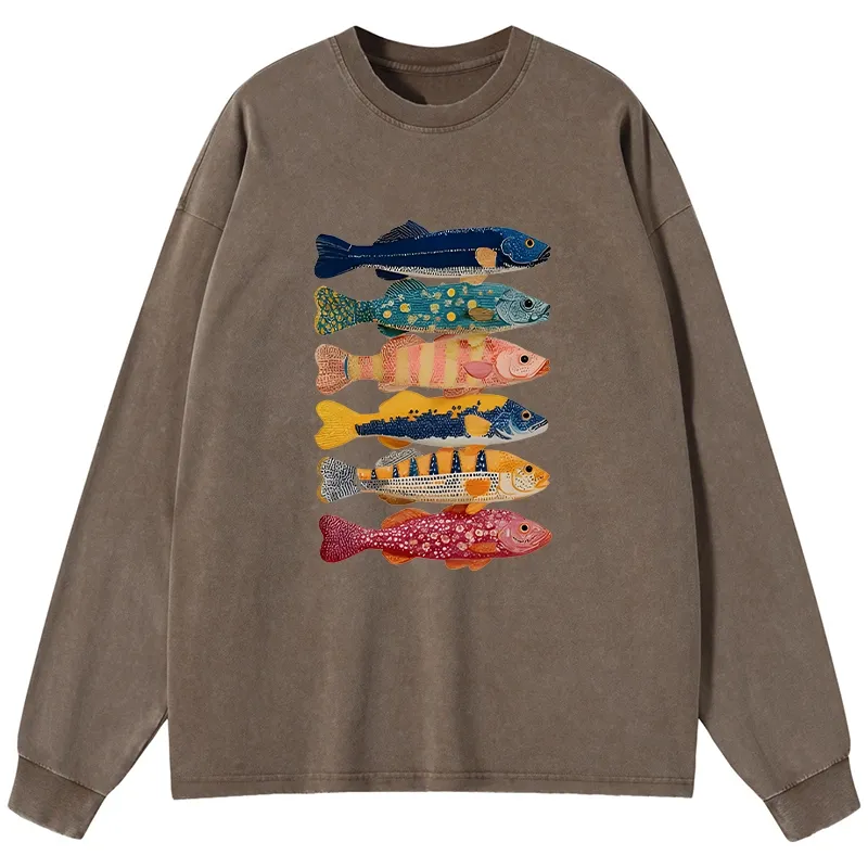 Tokyo-Tiger Colorful Fish Art Collection Washed Long Sleeve T-Shirt