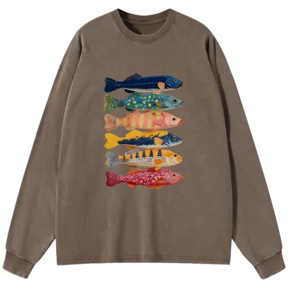 Tokyo-Tiger Colorful Fish Art Collection Washed Long Sleeve T-Shirt