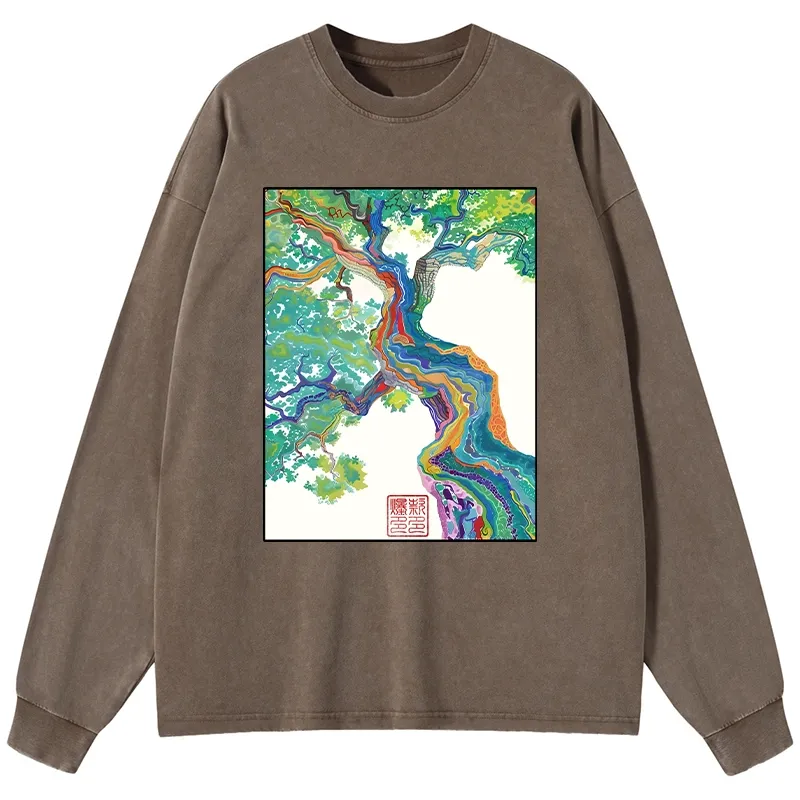 Tokyo-Tiger Colorful Magic Tree Washed Long Sleeve T-Shirt