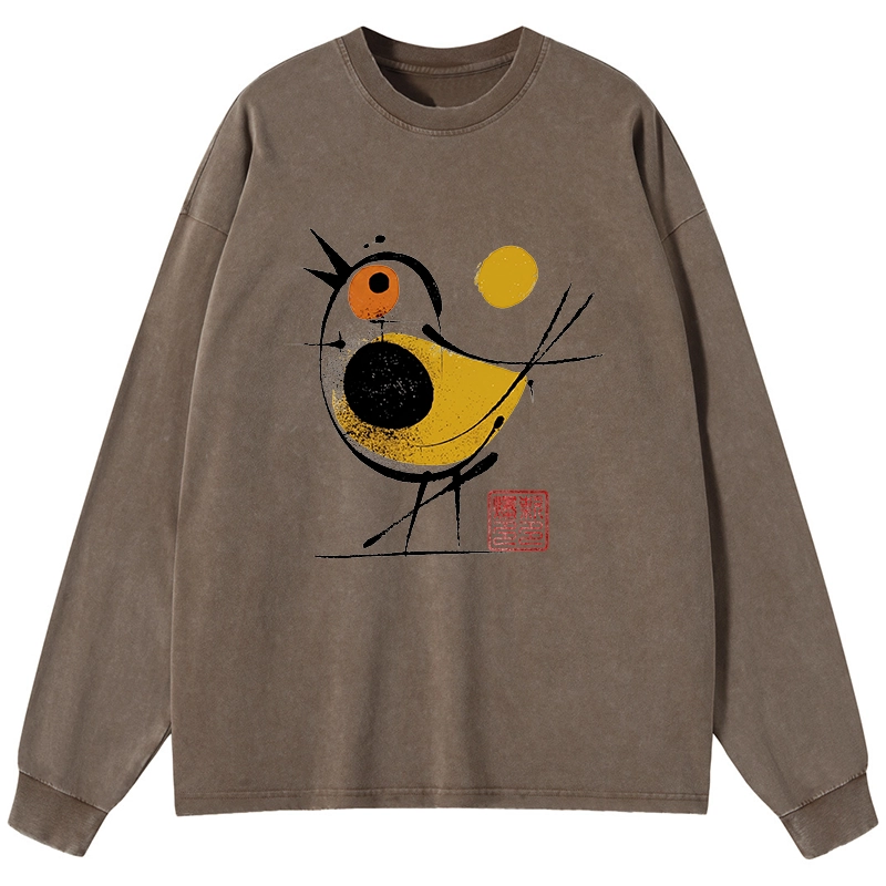 Tokyo-Tiger Aesthetic Yellow And Black Bird Washed Long Sleeve T-Shirt