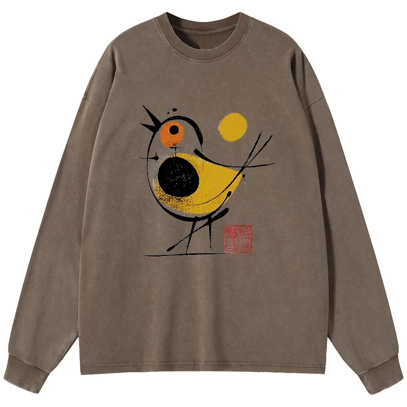 Tokyo-Tiger Aesthetic Yellow And Black Bird Washed Long Sleeve T-Shirt