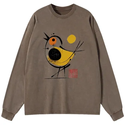 Tokyo-Tiger Aesthetic Yellow And Black Bird Washed Long Sleeve T-Shirt