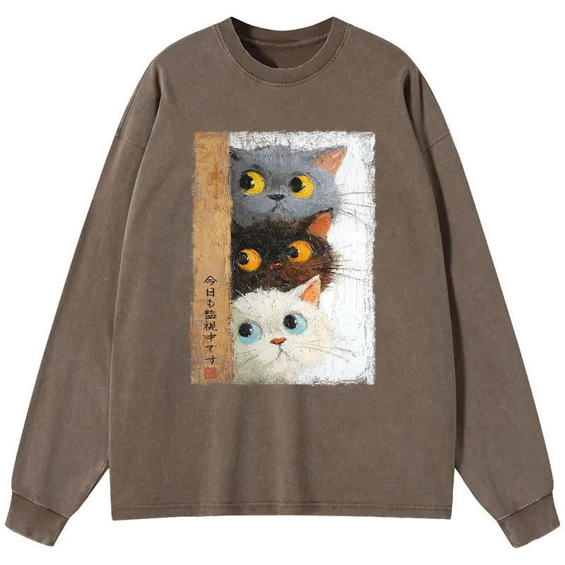 Tokyo-Tiger Three Cute Cats Watch You Washed Long Sleeve T-Shirt