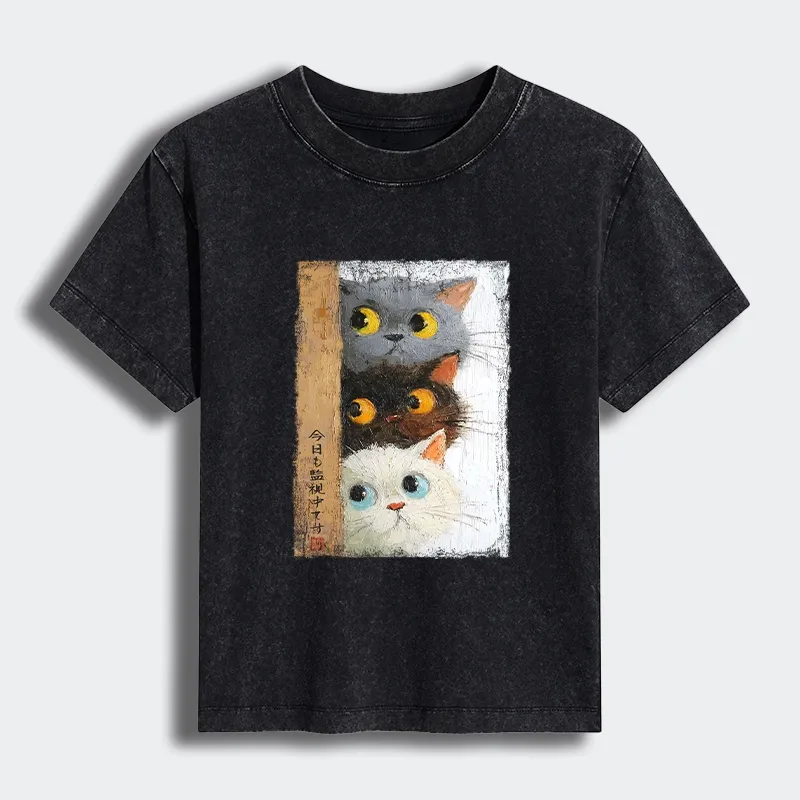 Tokyo-Tiger Three Cute Cats Watch You Women's Washed T-shirt Sale