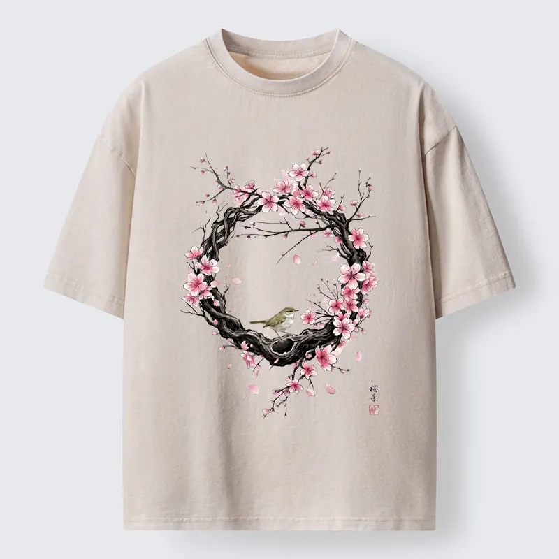 Tokyo-Tiger Sakura Wreath And Little Bird Washed T-Shirt
