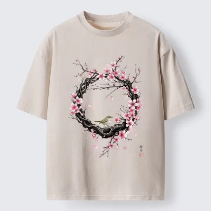 Tokyo-Tiger Sakura Wreath And Little Bird Washed T-Shirt