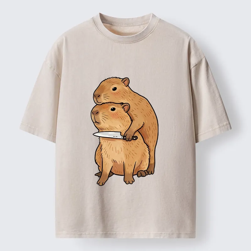 Tokyo-Tiger Capybara With Knife Funny Meme Washed T-Shirt