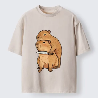 Tokyo-Tiger Capybara With Knife Funny Meme Washed T-Shirt