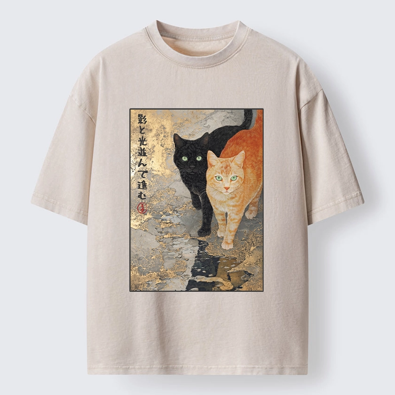 Tokyo-Tiger Japanese Gold Leaf Cat Print Meme Washed T-Shirt