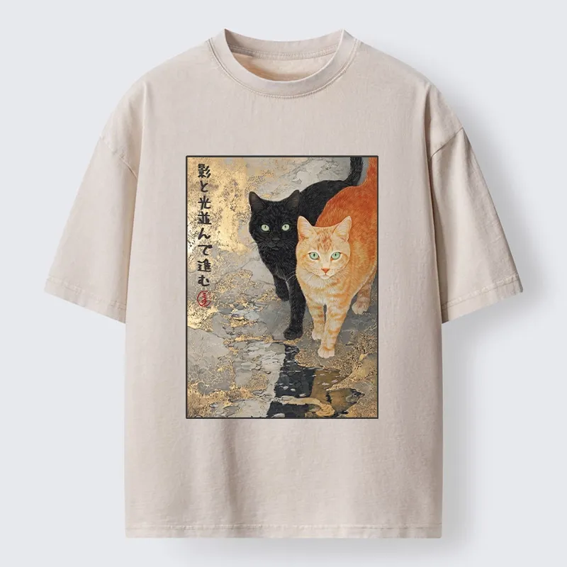 Tokyo-Tiger Japanese Gold Leaf Cat Print Meme Washed T-Shirt