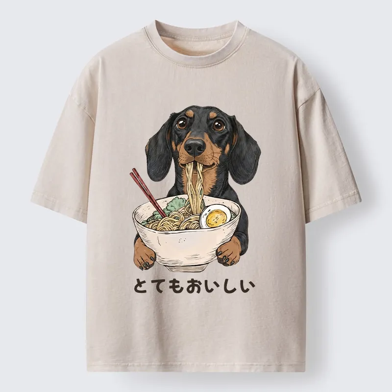 Tokyo-Tiger Cute Dog Eating Noodles Art Meme Washed T-Shirt