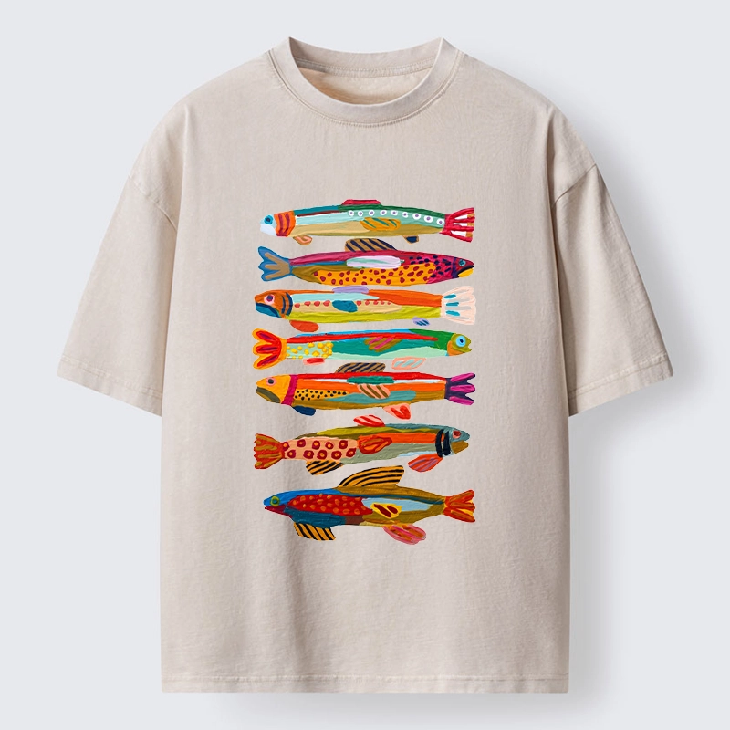 Tokyo-Tiger Colorful Fish Folk Art Print Washed T-Shirt