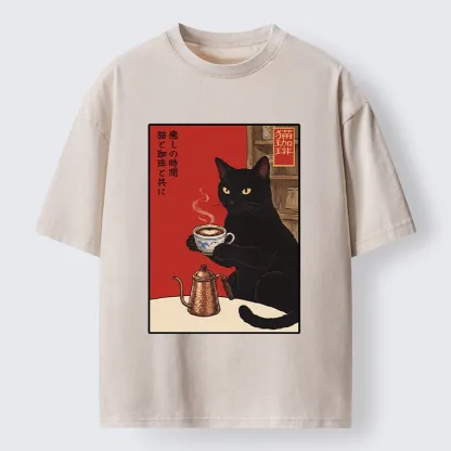 Tokyo-Tiger Cat Coffee Time Japanese Print Washed T-Shirt