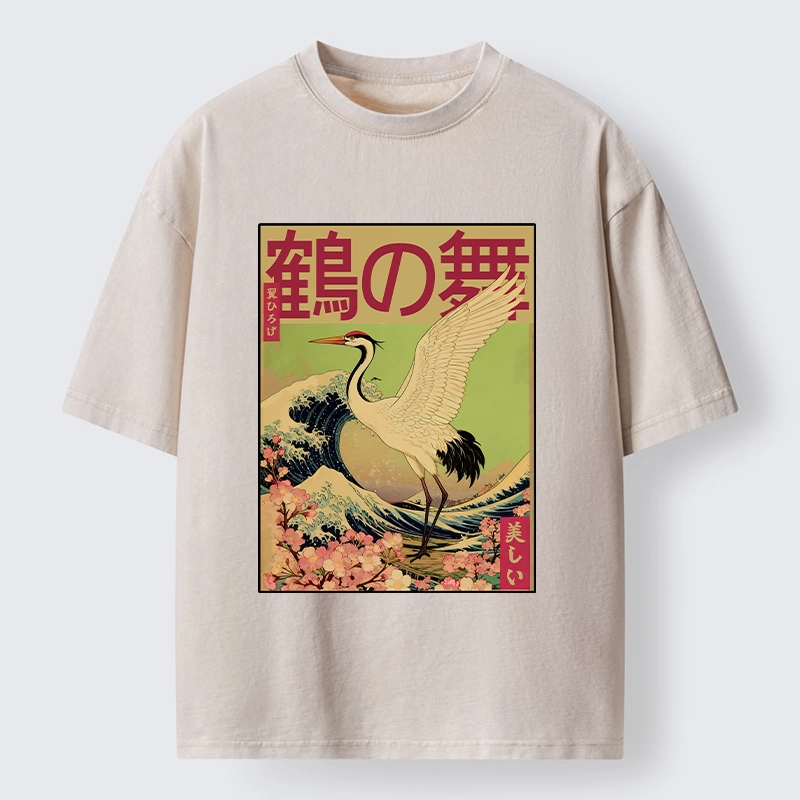 Tokyo-Tiger Japanese Crane And Wave Art Washed T-Shirt
