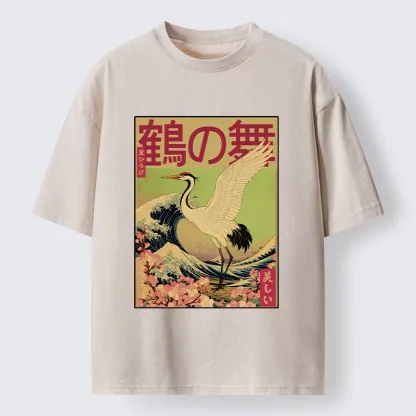 Tokyo-Tiger Japanese Crane And Wave Art Washed T-Shirt