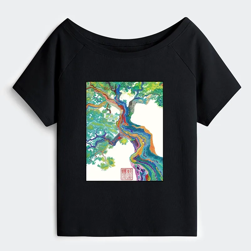 Tokyo-Tiger Colorful Magic Tree Off Shoulder T-Shirt