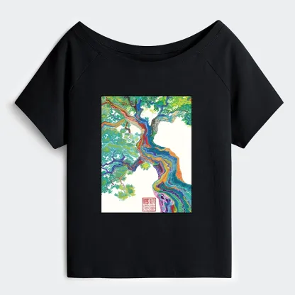 Tokyo-Tiger Colorful Magic Tree Off Shoulder T-Shirt