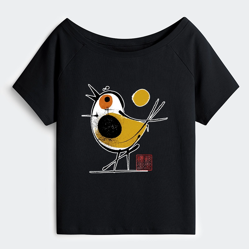 Tokyo-Tiger Aesthetic Yellow And Black Bird Off Shoulder T-Shirt