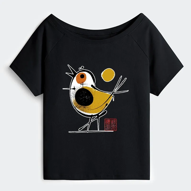 Tokyo-Tiger Aesthetic Yellow And Black Bird Off Shoulder T-Shirt