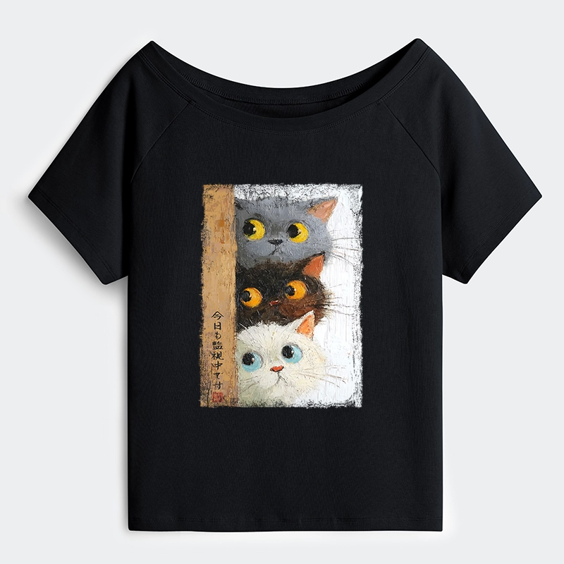 Tokyo-Tiger Three Cute Cats Watch You Off Shoulder T-Shirt