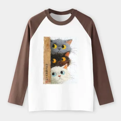 Tokyo-Tiger Three Cute Cats Watch You Raglan Long Sleeve T-shirt