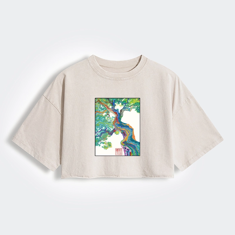 Tokyo-Tiger Colorful Magic Tree Women's Washed Crop T-Shirt