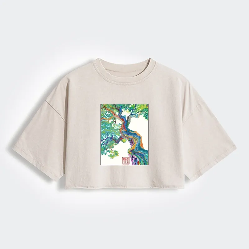 Tokyo-Tiger Colorful Magic Tree Women's Washed Crop T-Shirt Sale