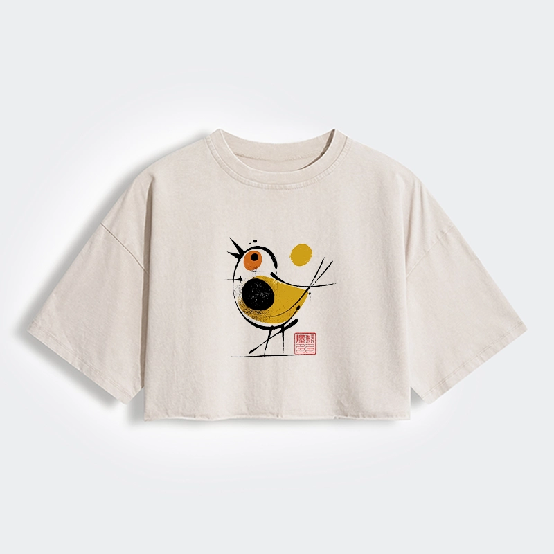 Tokyo-Tiger Aesthetic Yellow And Black Bird Women's Washed Crop T-Shirt
