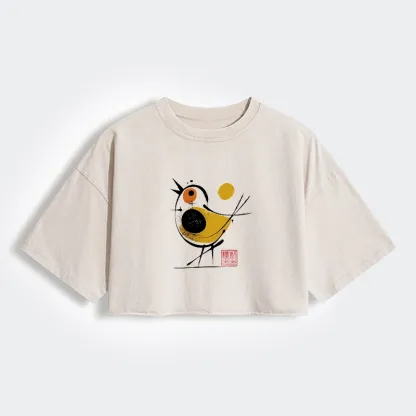 Tokyo-Tiger Aesthetic Yellow And Black Bird Women's Washed Crop T-Shirt