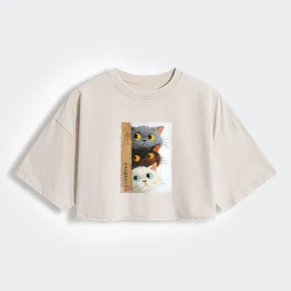 Tokyo-Tiger Three Cute Cats Watch You Women's Washed Crop T-Shirt