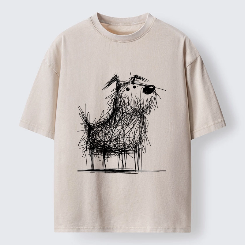 Tokyo-Tiger Cute Scrawled Dog Line Art Washed T-Shirt
