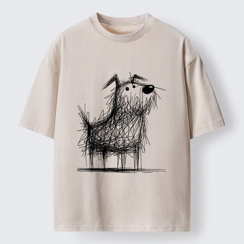 Tokyo-Tiger Cute Scrawled Dog Line Art Washed T-Shirt