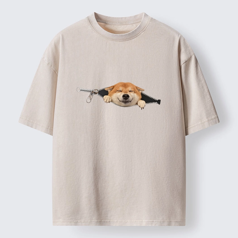 Tokyo-Tiger Cute Shiba Dog In Zipper Washed T-Shirt