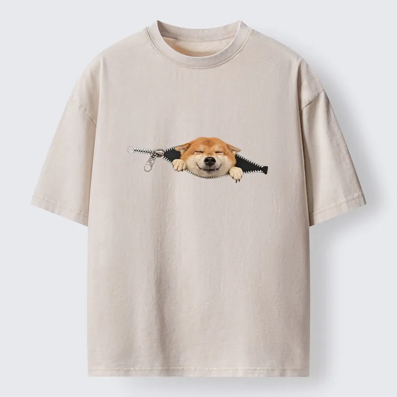 Tokyo-Tiger Cute Shiba Dog In Zipper Washed T-Shirt