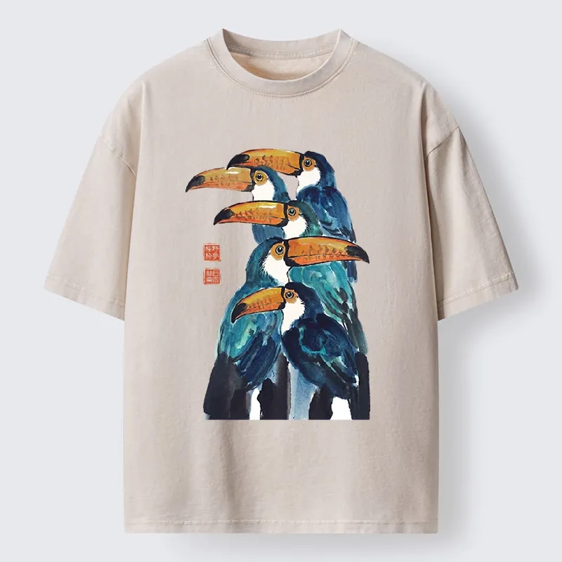 Tokyo-Tiger Blue Toucans Watercolor Washed T-Shirt