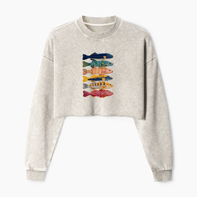 Tokyo-Tiger Colorful Fish Art Collection Washed Crop Sweatshirt